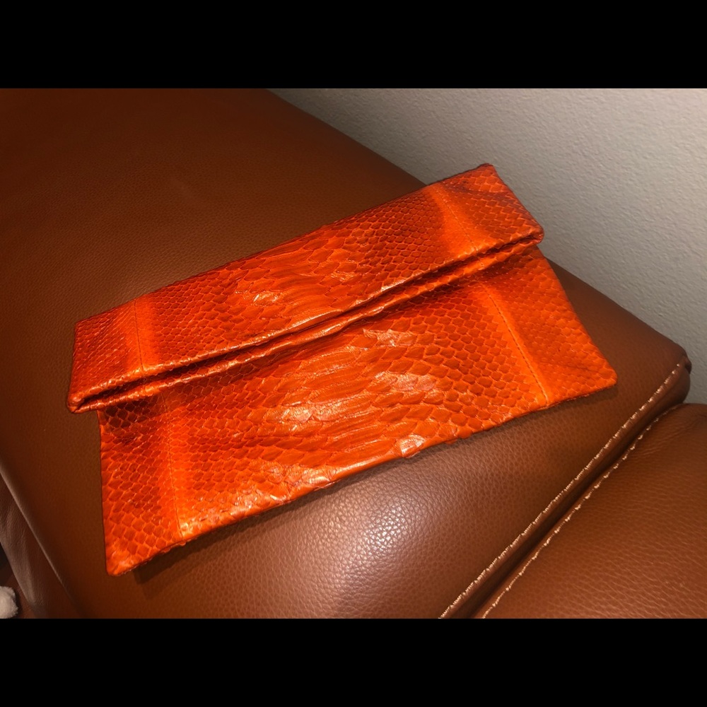 Alma Handbags Orange Snakeskin Envelop Clutch